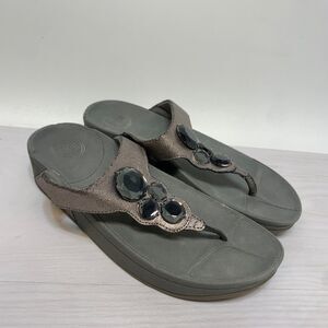 Fit Flop‎ Womens 8 Lunetta Flip Flop Thong Sandals Leather Jeweled Silver Gray